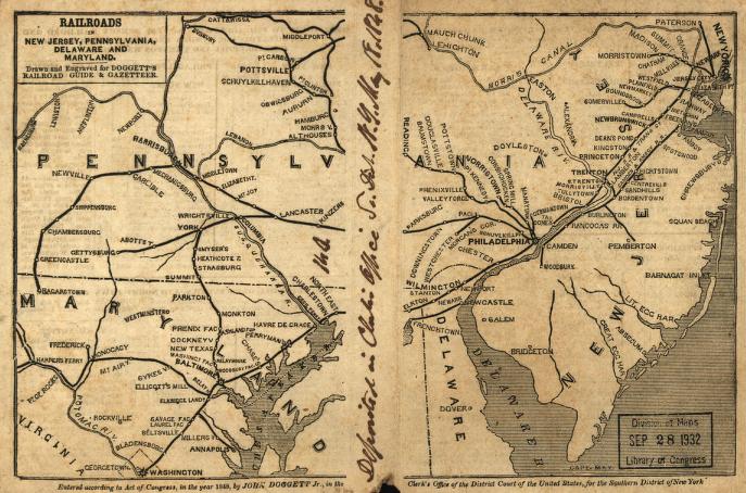 image of the Library of Congress map of Railroads in New Jersey, Pennsylvania, Delaware and Maryland; drawn and engraved for Doggett's Railroad Guide & Gazetteer.